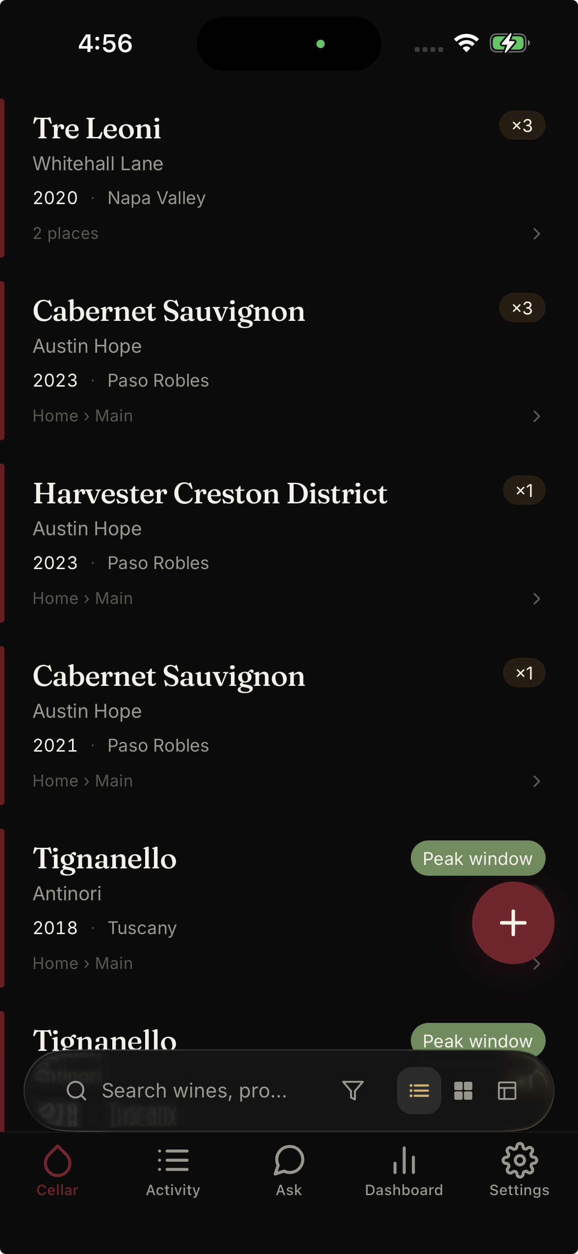 Botto cellar view listing bottles with vintage, region, and storage location