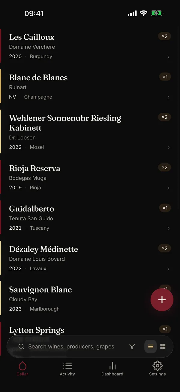 The cellar list in Botto: each wine set in large type with its producer, vintage, region and the number of bottles at home.