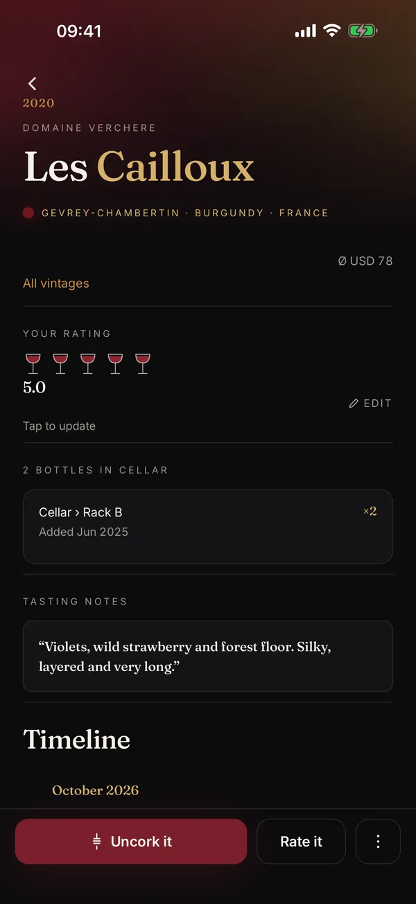 A wine's page in Botto: Les Cailloux 2020 from Domaine Verchere, Gevrey-Chambertin, Burgundy, France, with 2 bottles stored at Cellar › Rack B.